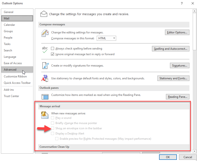 Mail arrival options greyed out in Outlook desktop app - Version 16.0 ...