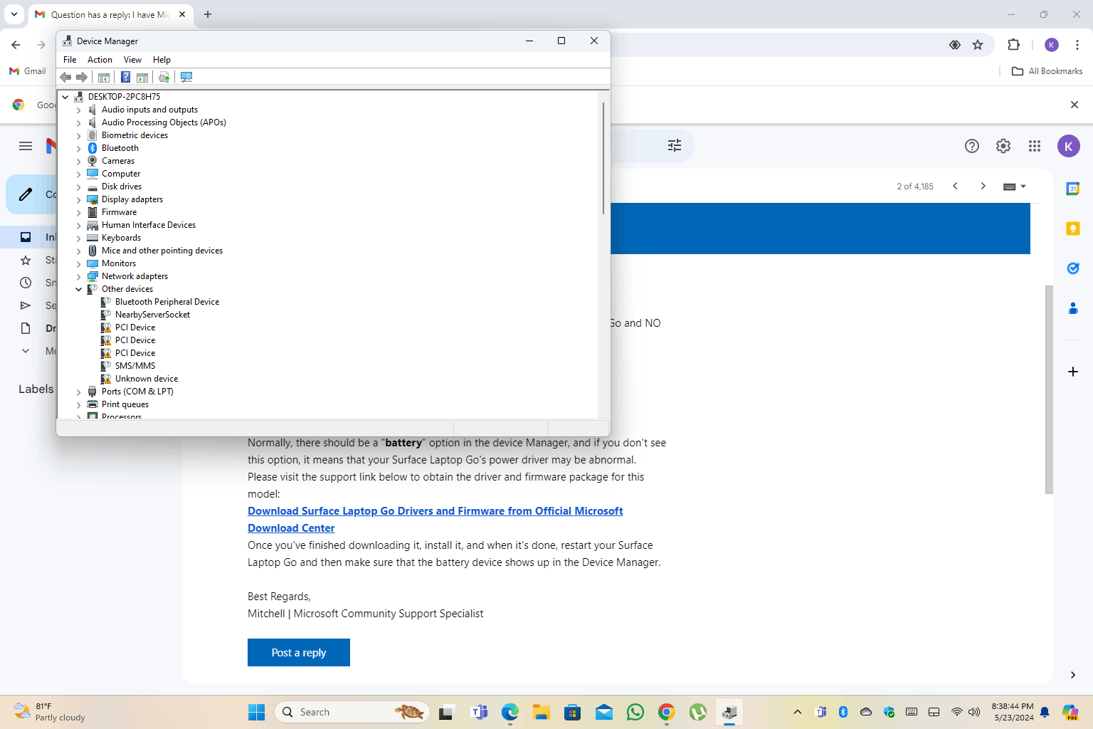 I have Microsoft Surface Laptop Go and NO BATTERY found in device ...