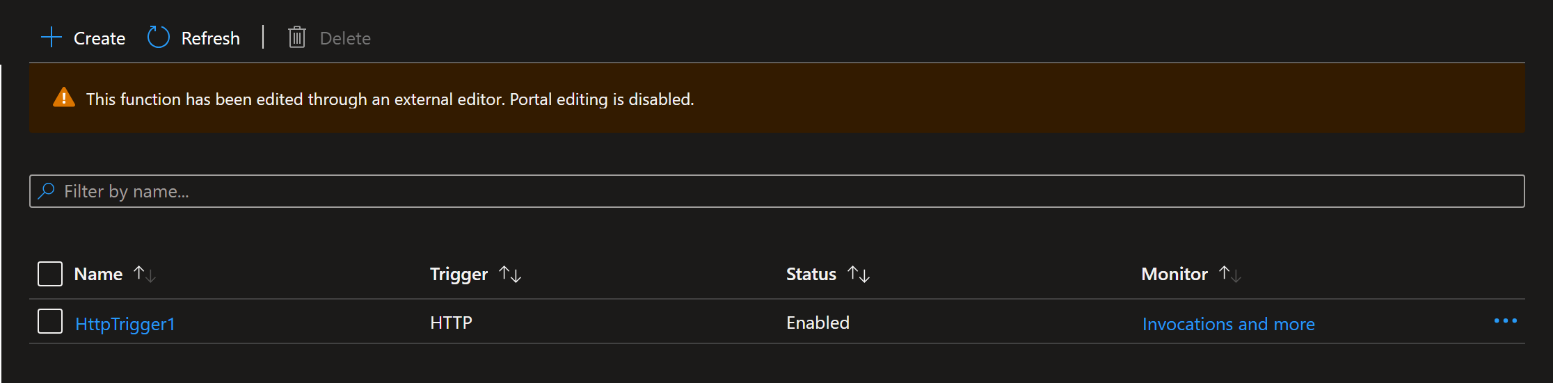 Functions List in Azure Portal