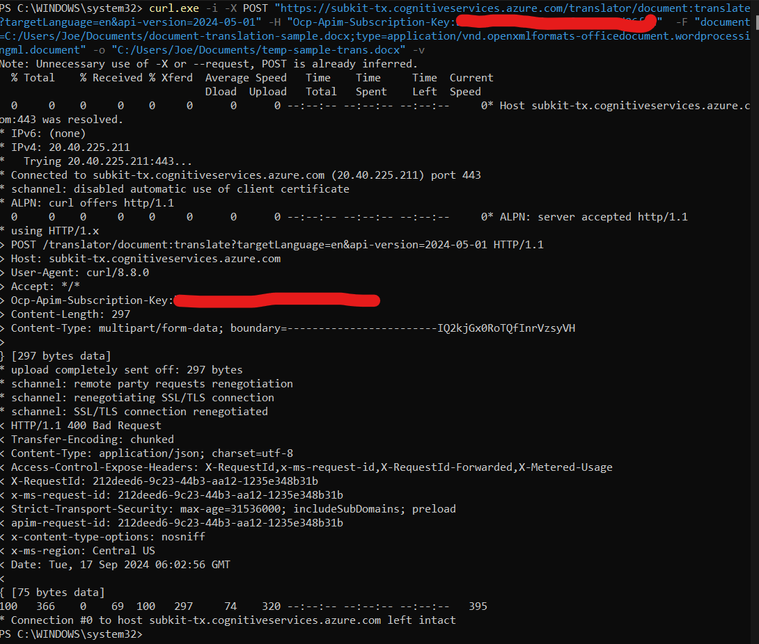 How should my request look for synchronous document translation (Error ...