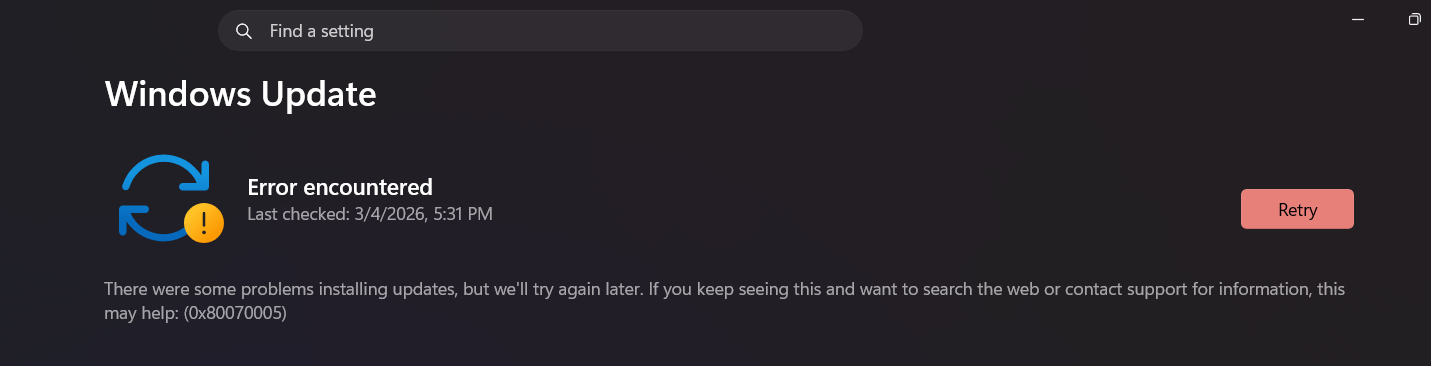 Windows Update Error 0x80070005 - Microsoft Q&A