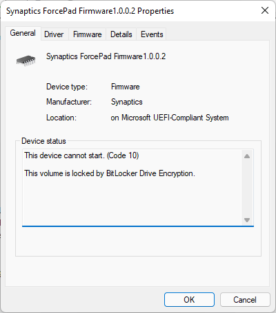 Synaptics ForcePad Firmware1.00.2 driver has a yellow exclamation ...