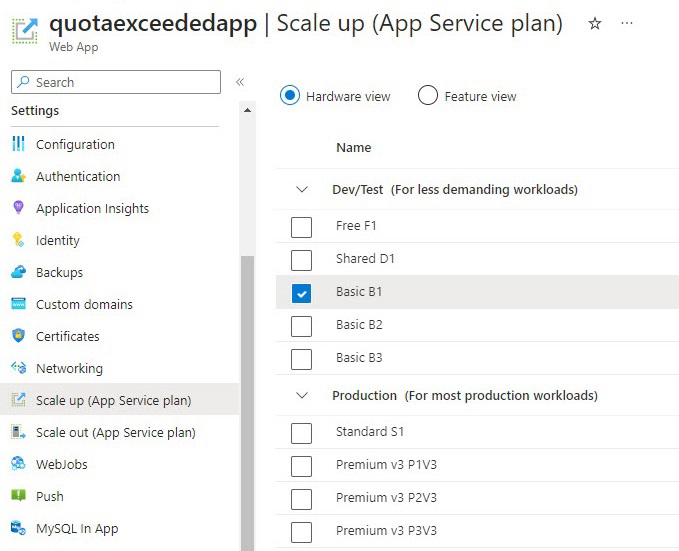 azure app service quota exceeded