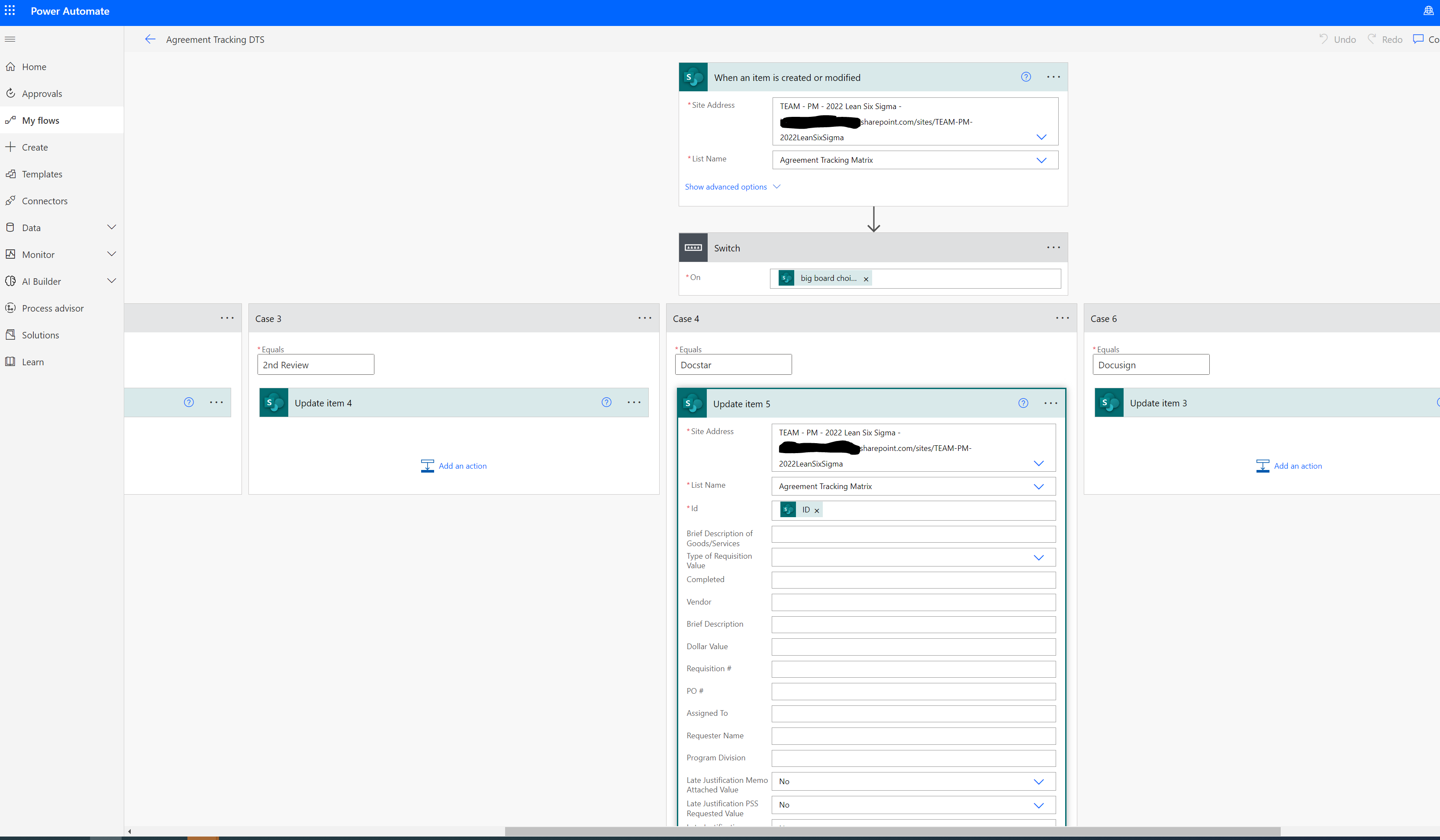 PowerAutomate Setup for SharePoint List showing case statement