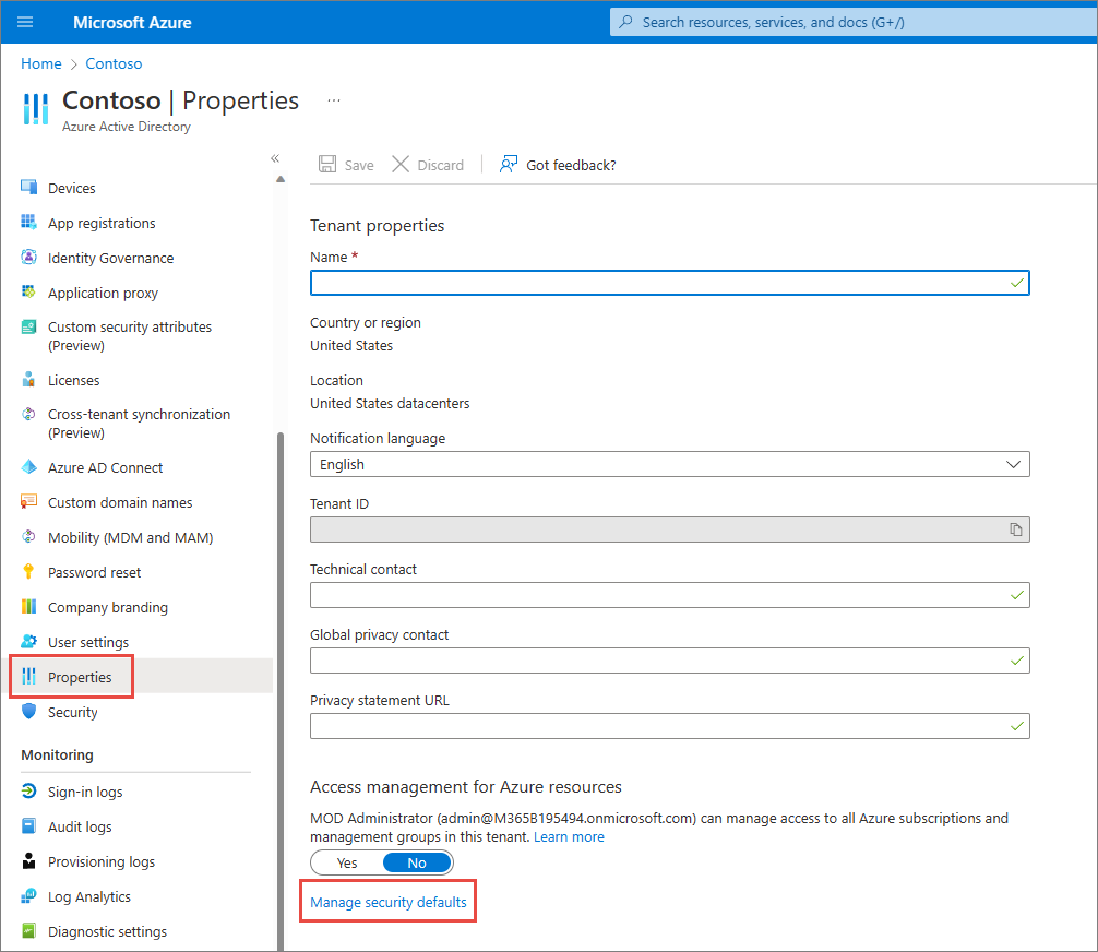 Screenshot showing Properties and Manage Security Defaults for Azure Active Directory.