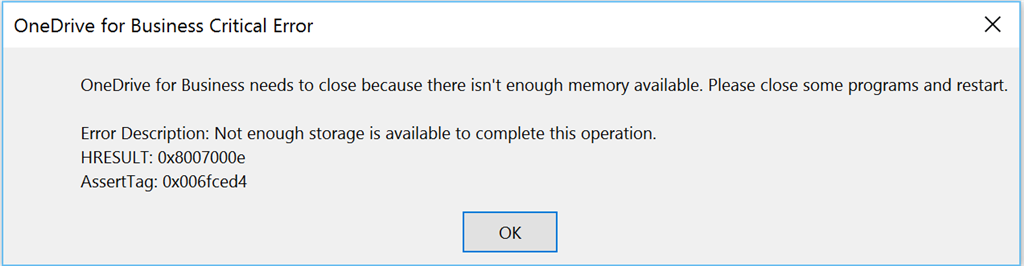 OneDrive for Business Error - not enough storage to complete operation ...