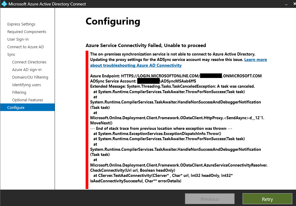 Migration Azure AD Connect - Failed - Microsoft Q&A