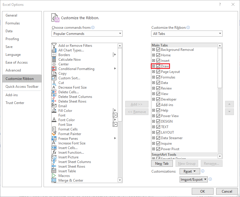 Draw does not appear when I try to Customize ribbon - Microsoft Q&A