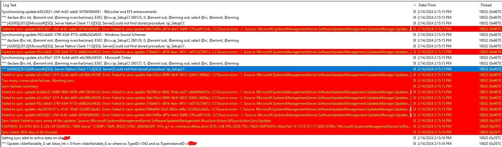 SMS_WSUS_SYNC_MANAGER Could not find stored procedure 'sp_SetupCI ...