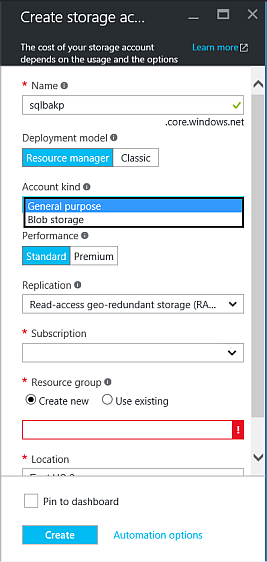 Screenshot of the drop-down menu of the Account kind setting in the Create storage account dialog box.