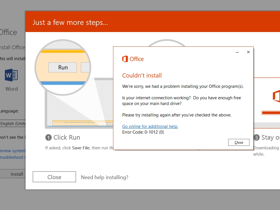 Couldn't install; Error Code:0-1012(0) - Microsoft Q&A