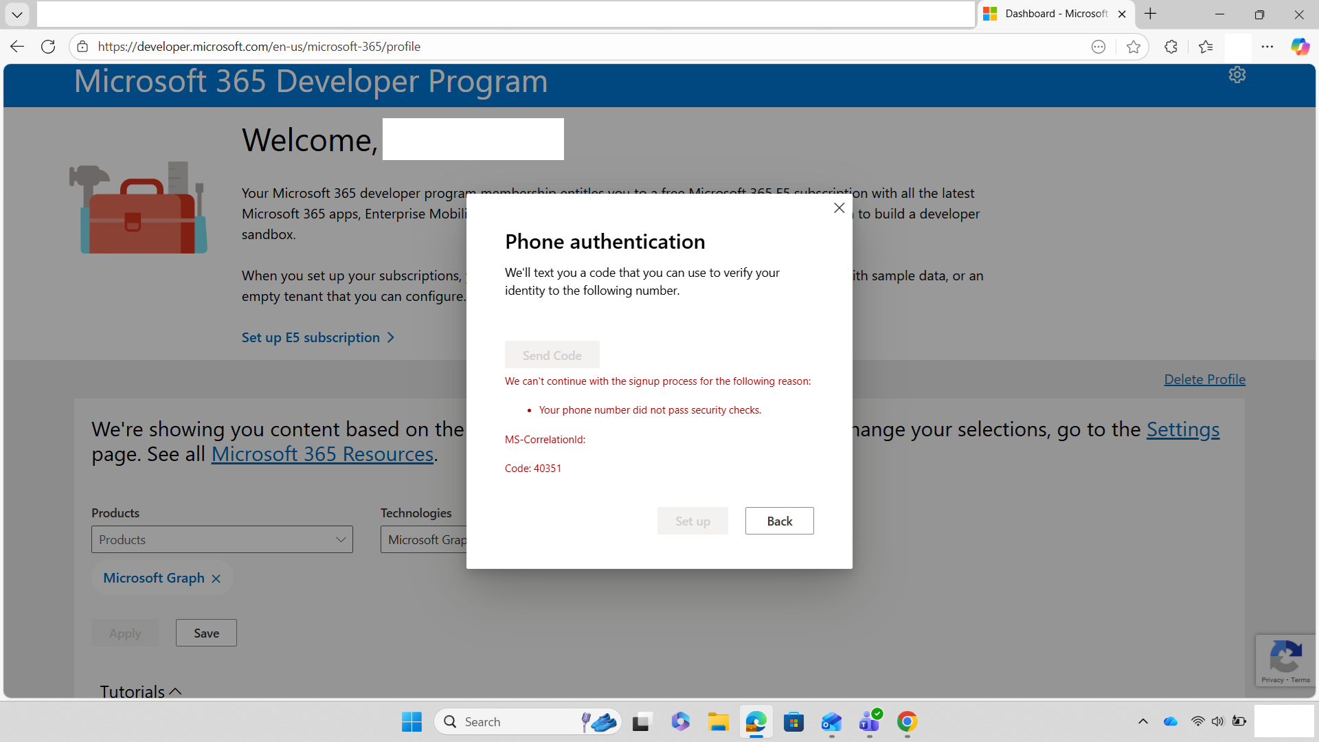 My phone security failed while setup of the developer account ...