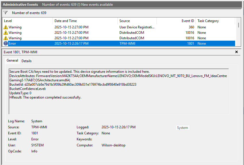 Error 1801 Telling me to update my Secure Boot CA/Keys - Microsoft Q&A