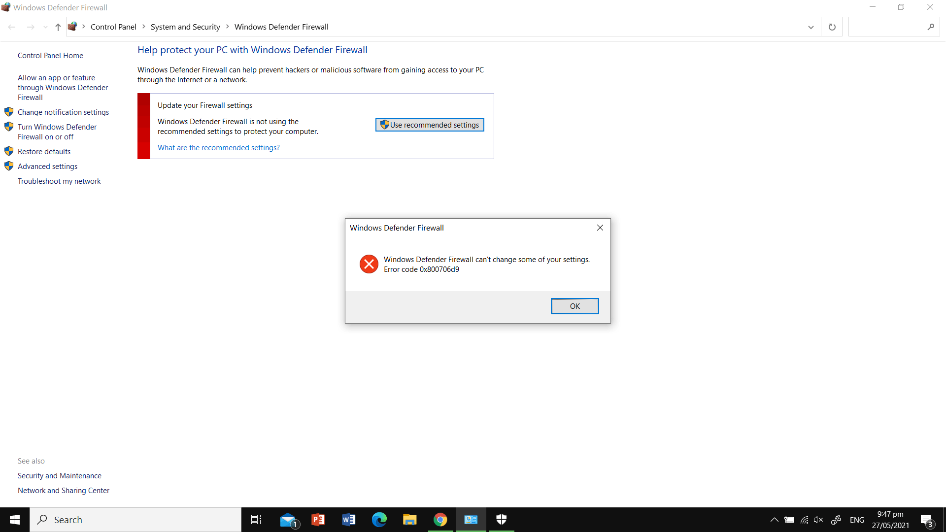 Windows firewall error 0x00706d9 and Windows security blank screen ...