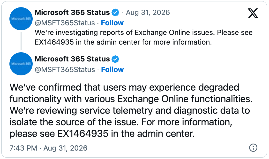 Exchange Online kesintisi tweeti