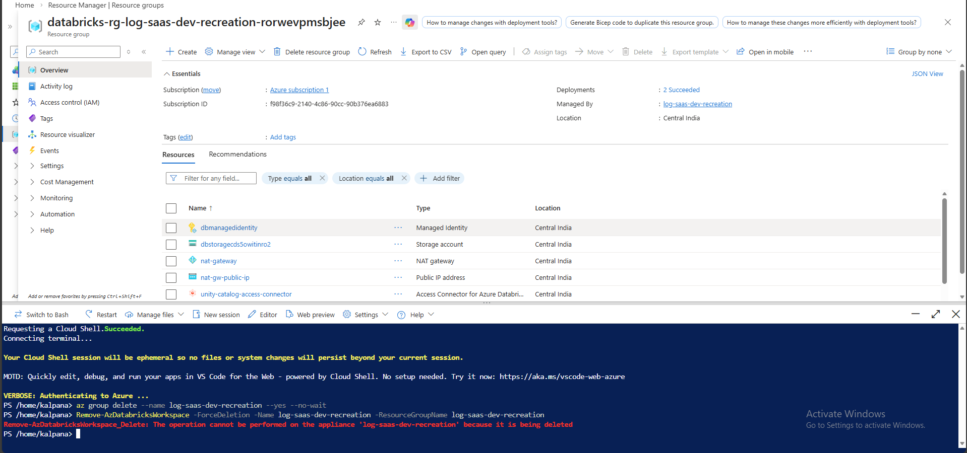 Unable to delete azure databricks instance, it is stuck for 3 days ...