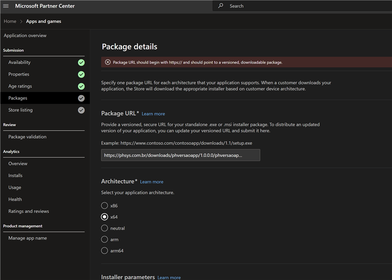 Package URL should begin with https:// and should point to a versioned ...
