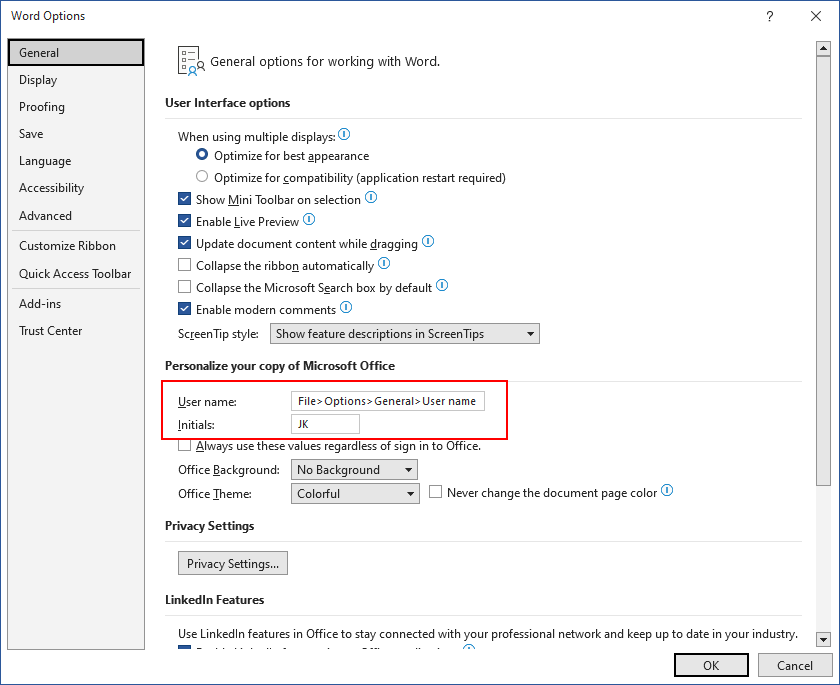 how do I add my name and initials to track changes - Microsoft Q&A