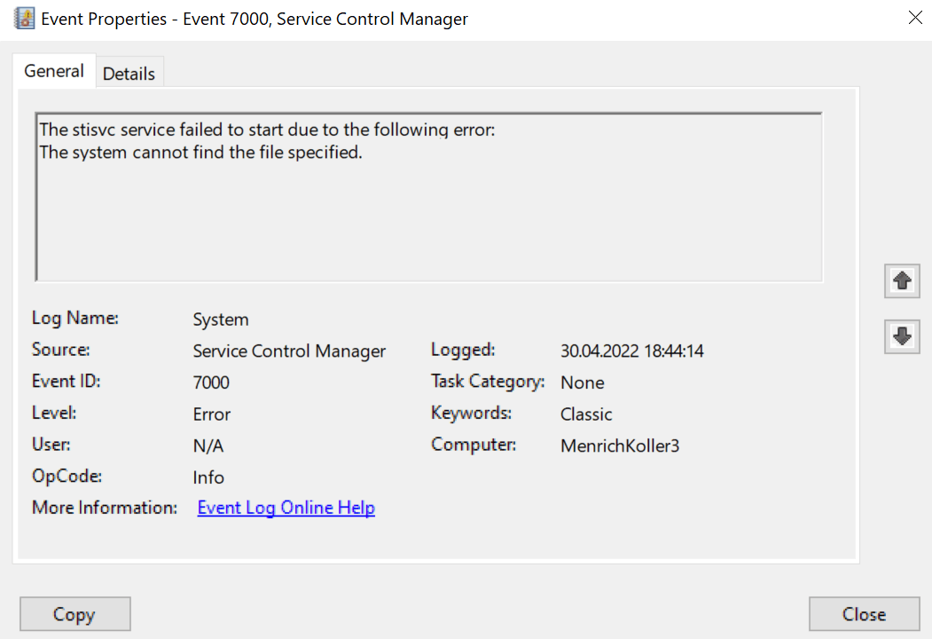 stisvc missing - Microsoft Q&A