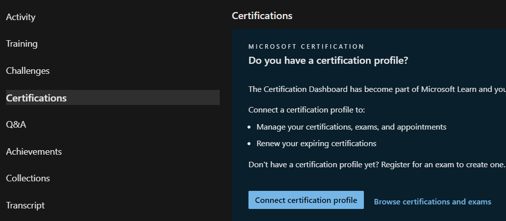 Profile page Certifications tab