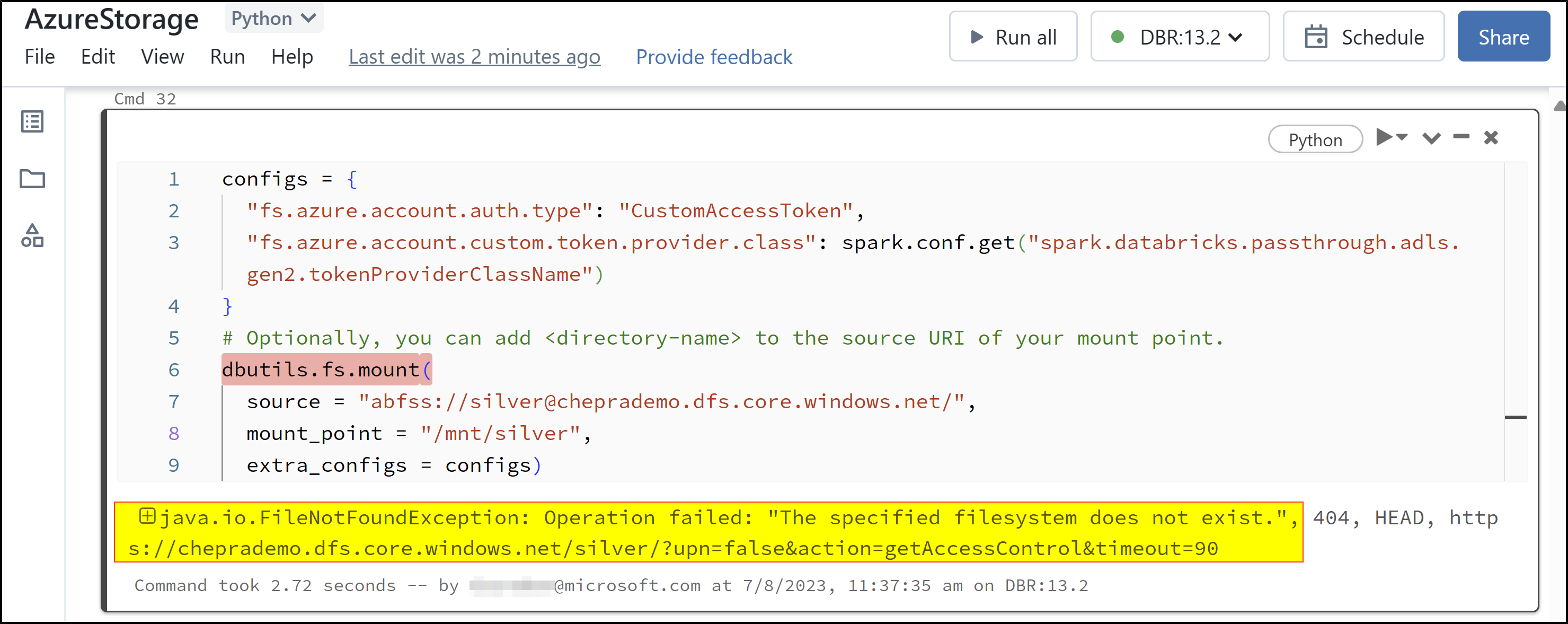 I am unable to mount containers using databricks and storage gen 2 ...