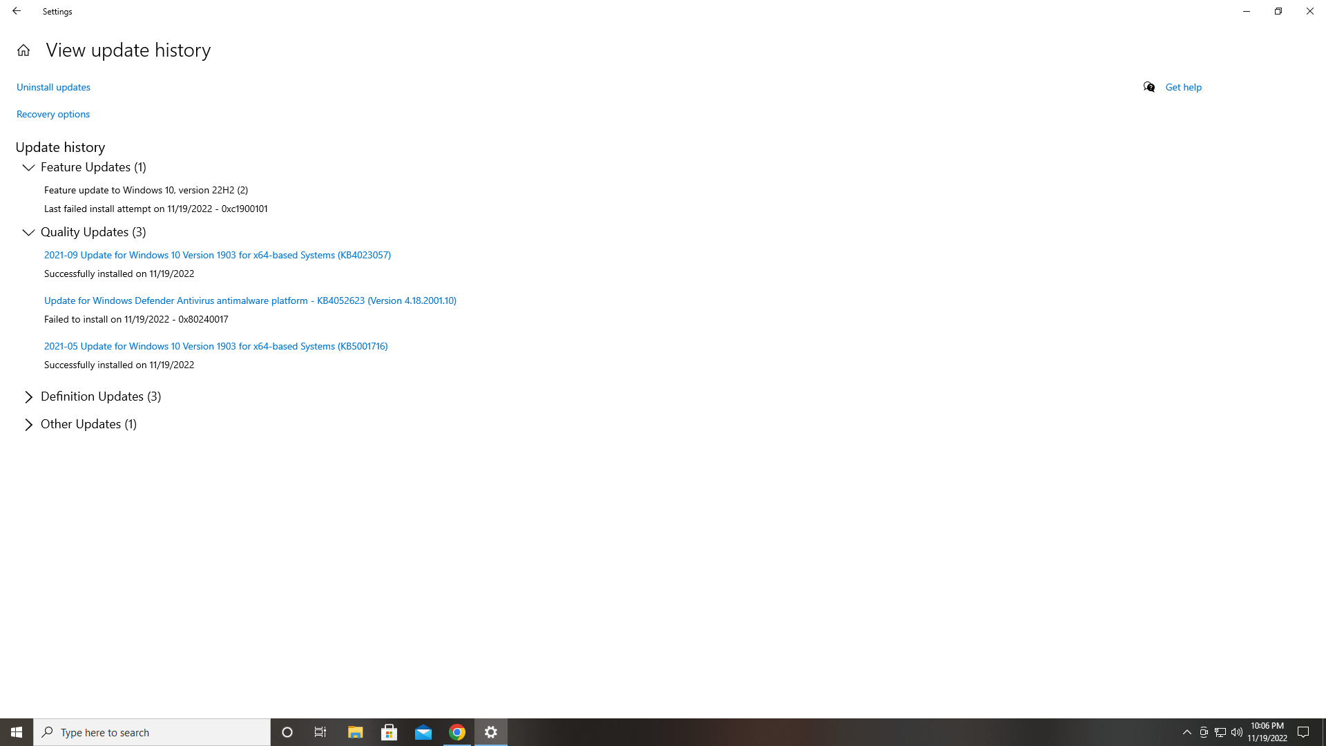 Stuck on 1903 and it fails to update every time I try to update to 22h2 ...
