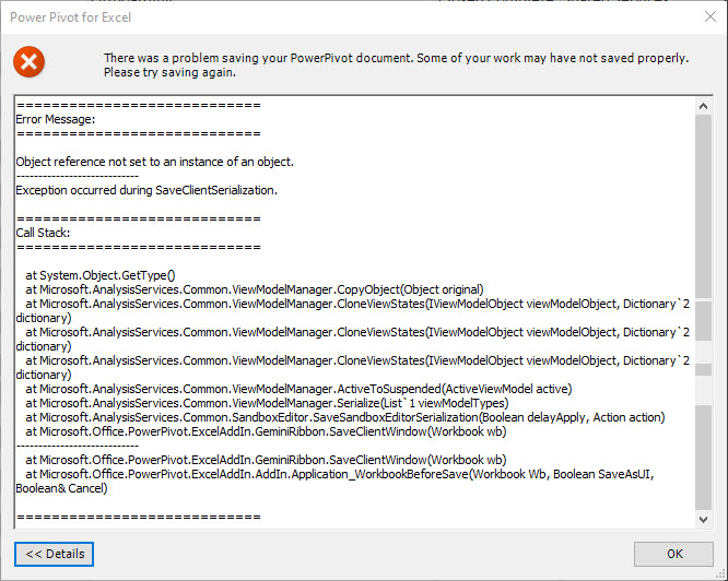 Receiving an error when trying to save a complex workbook with pivot ...