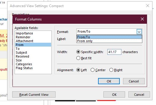 Outlook - Format Columns - From/To option - Microsoft Q&A