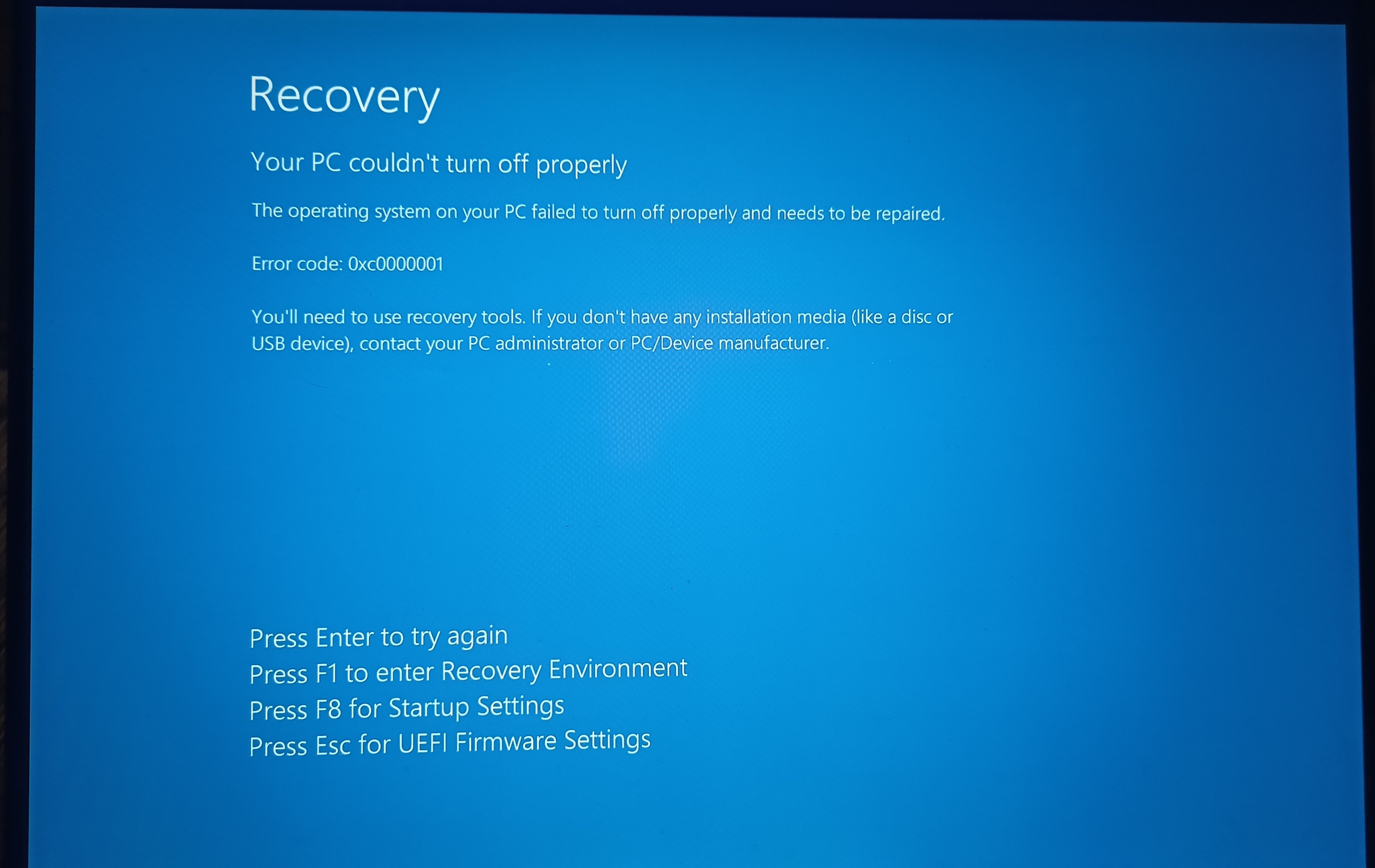 recovery your pc couldn't turn off properly error code 0xc0000001 ...