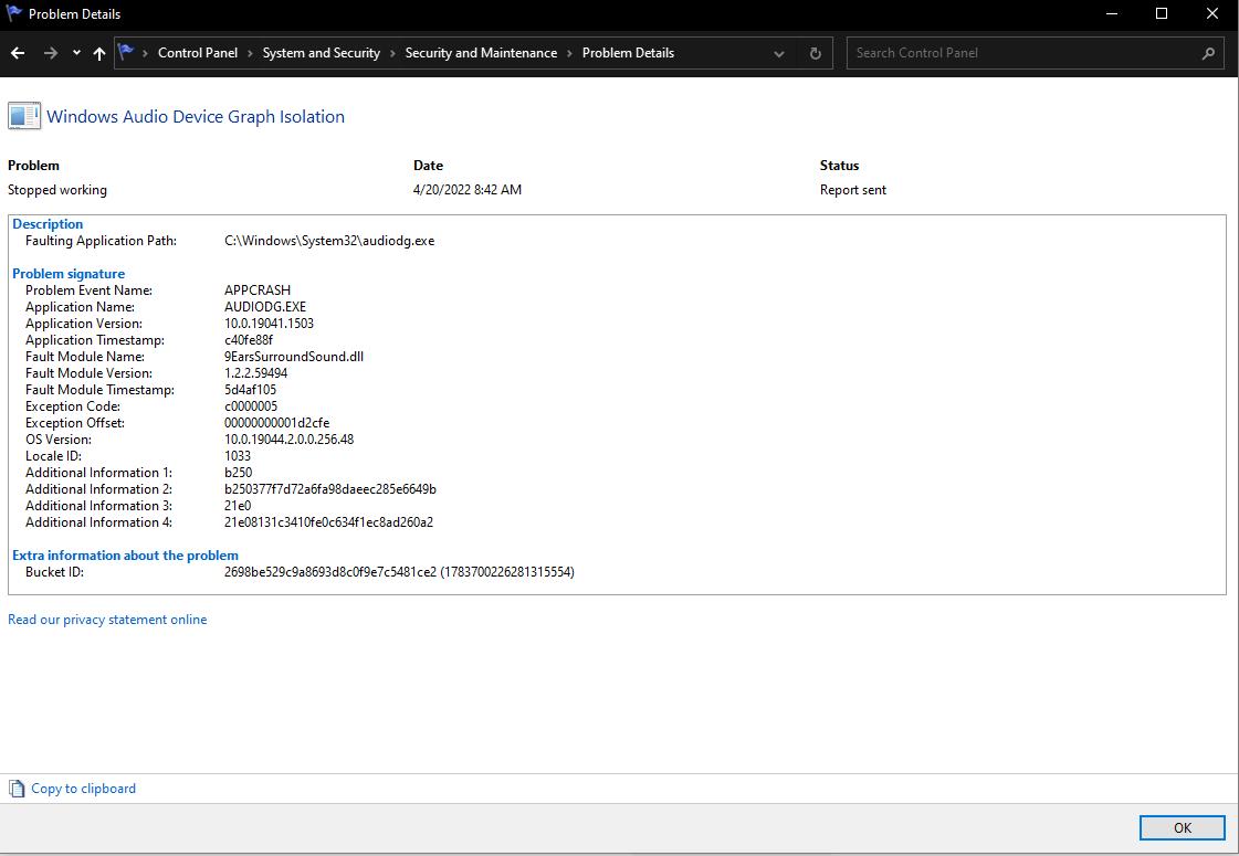 AUDIODG EXE ERROR 1000 visual data 3