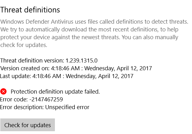 Defender error code: -2147467259 - Microsoft Q&A