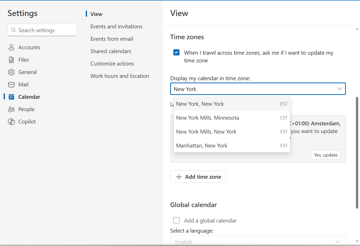 When selecting time zones, major cities are not listed for quick selection.