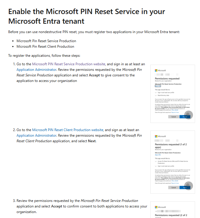 microsoft pin reset service production lacks a service principal