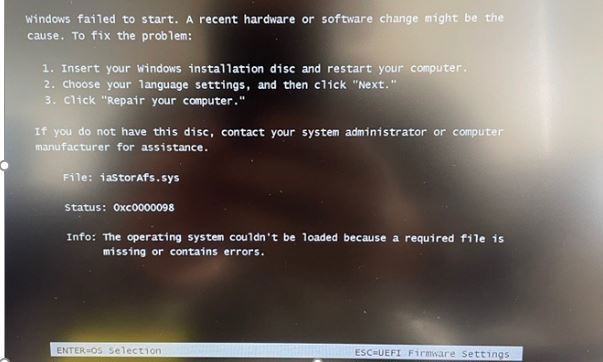 Windows failed to start. A recent hardware or software change might be cause…