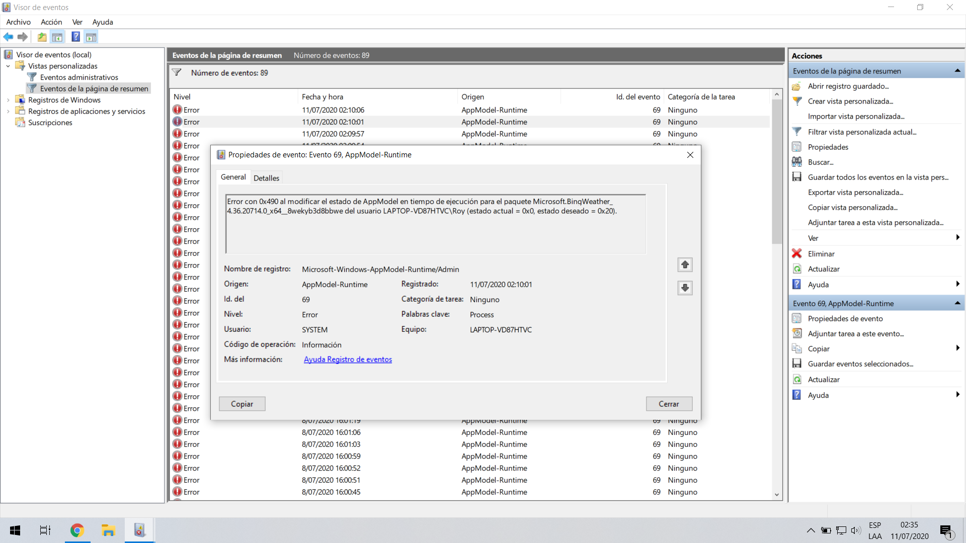 Error AppModel-Runtime 69 [MANY] - Microsoft Q&A