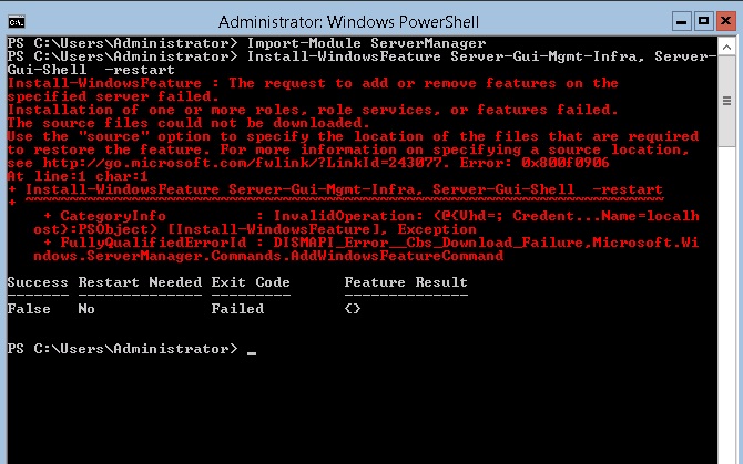 Why I can’t convert my Windows Server 2012 R2 Core to GUI - Microsoft Q&A