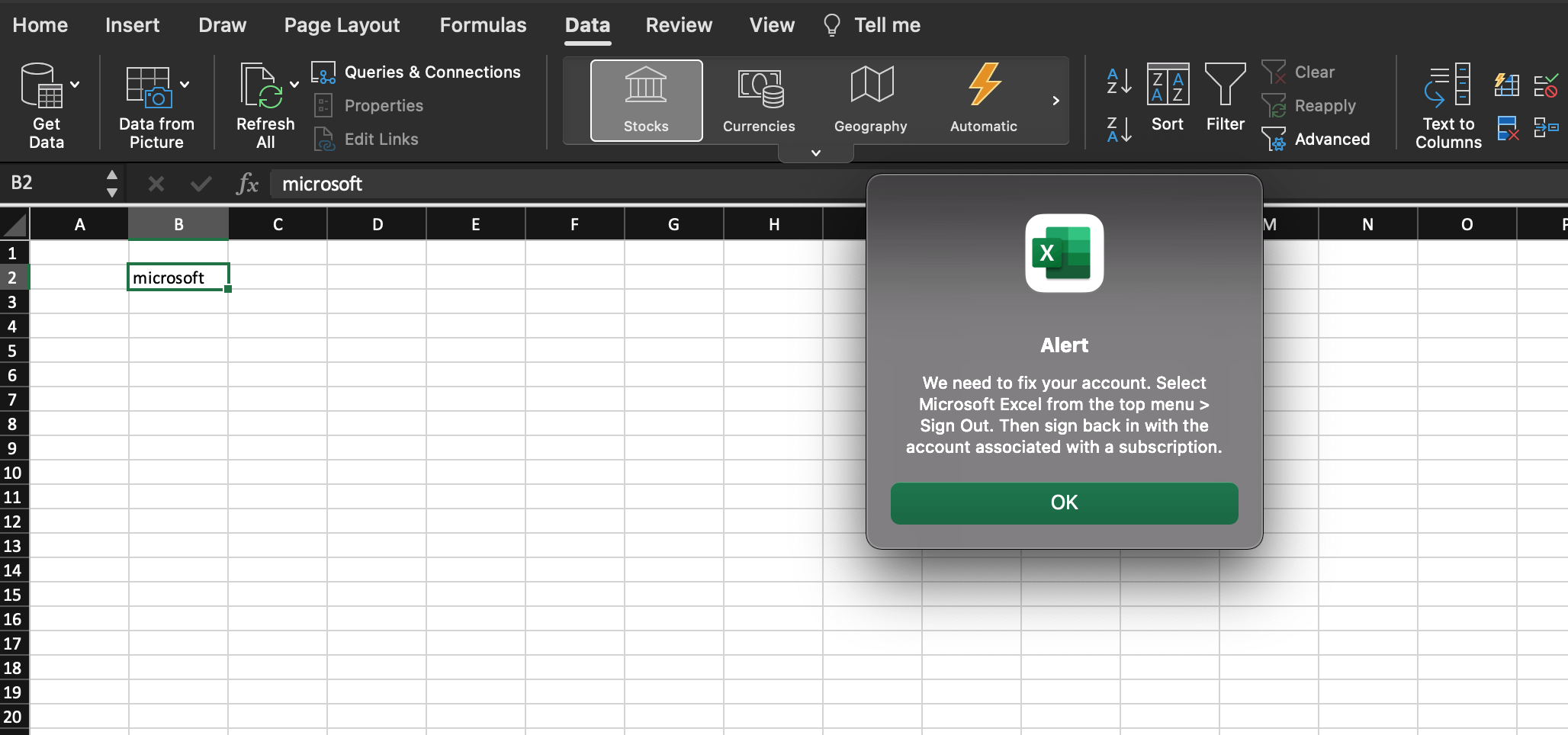 Can't use STOCKS data on Excel - Microsoft Q&A