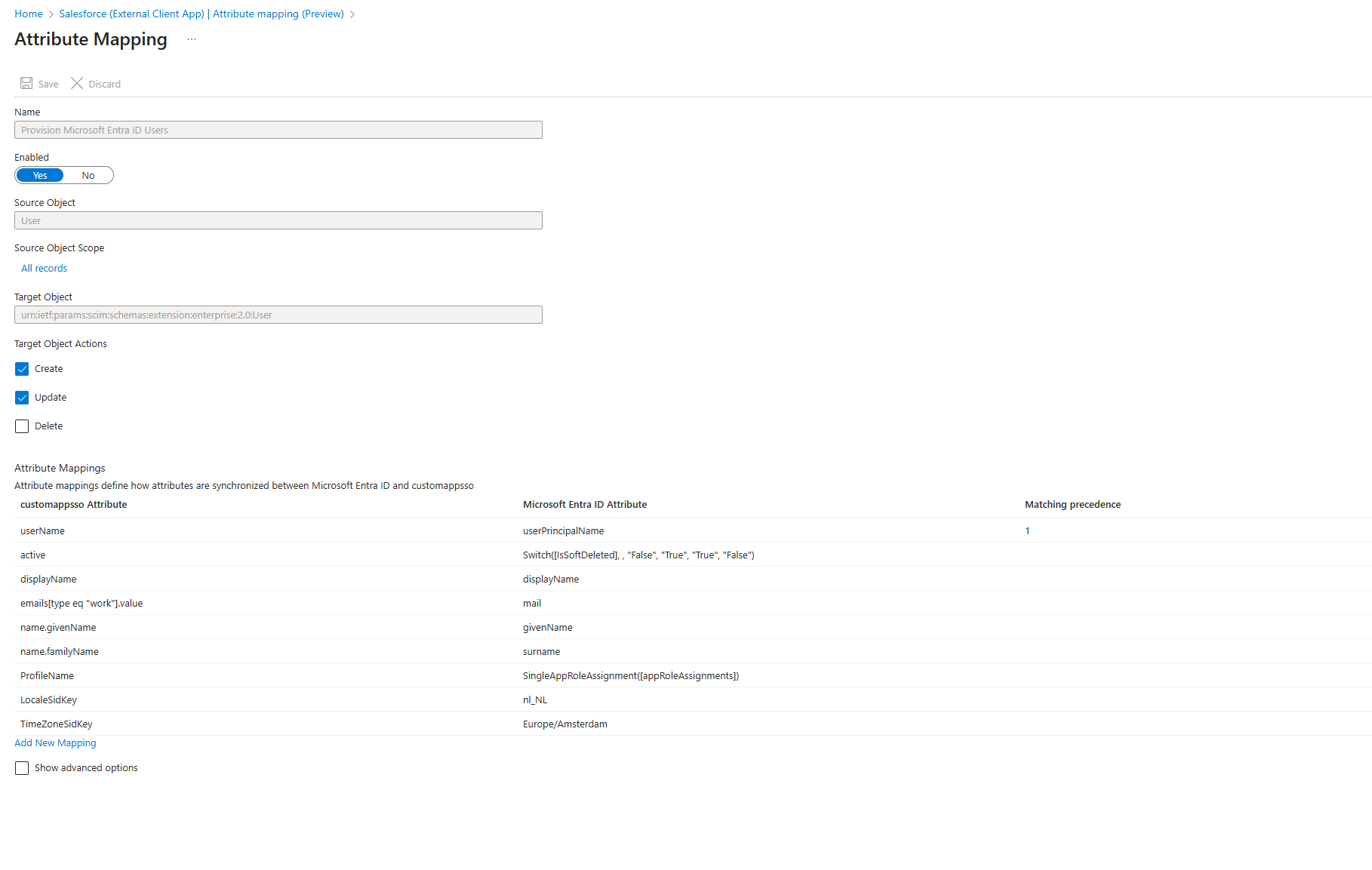Attribute mapping Entra Salesforce