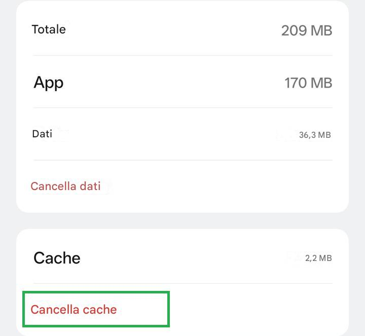 Totale209 MBApp170 MBDati36,3 MBCancella datiCache2,2 MBCancella cache