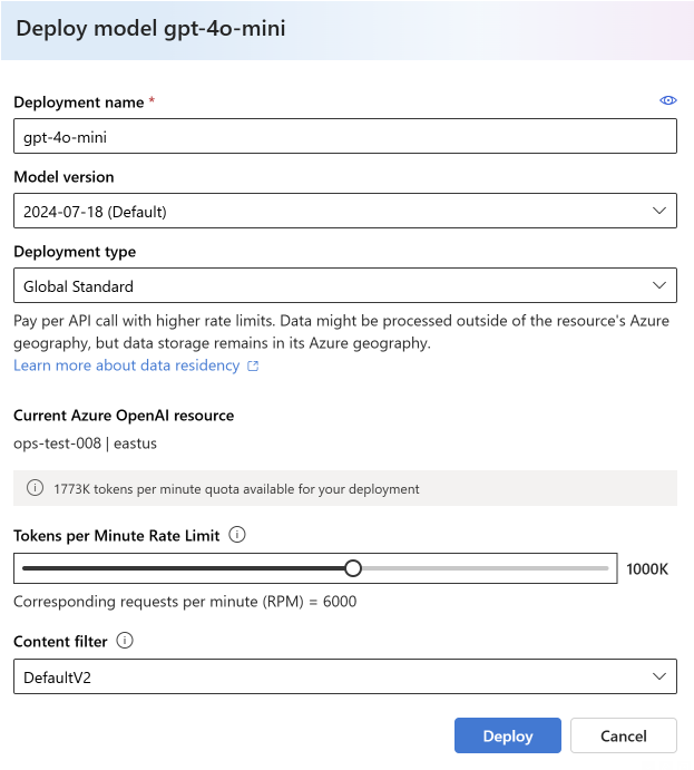 Screenshot of the deployment UI of Azure AI Foundry