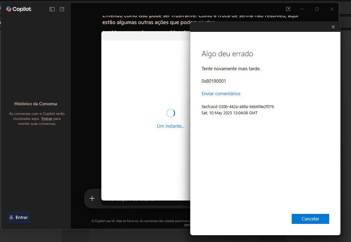 Problema de Atividade Incomum Persiste Erro 0x80190001 - Microsoft Q&A