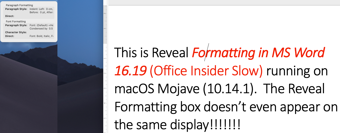 How do I make the Reveal Formatting box appear on the same Display as ...
