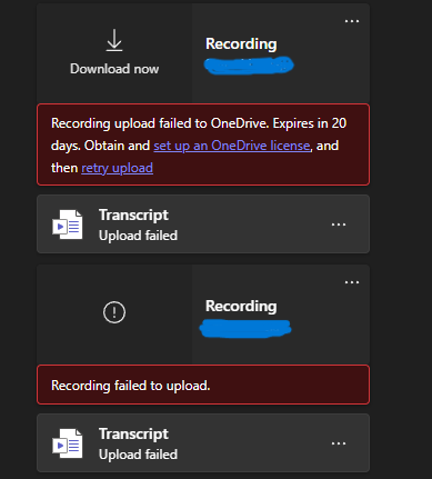 Recording upload failed to OneDrive. Obtain and setup an OneDrive ...