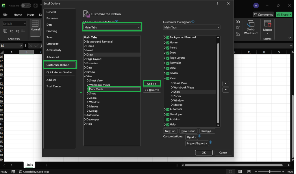 my excel does not have the switch modes button, even with black mode ...