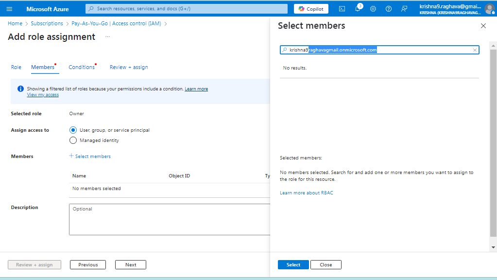 Azure IAM add role assignment, add members is not able to find with my ...
