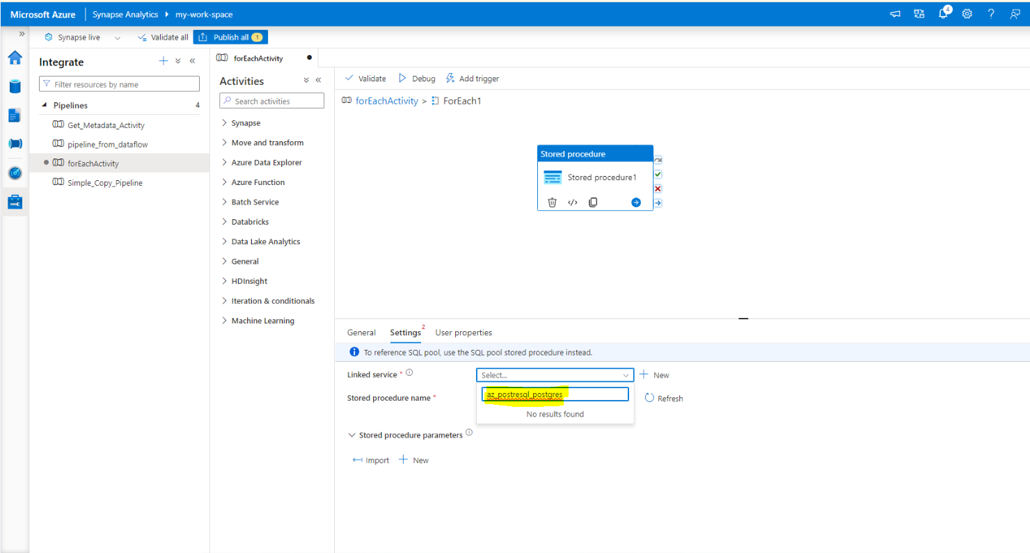 Stored Procedure cannot reference an Azure Database for PostreSQL linked service