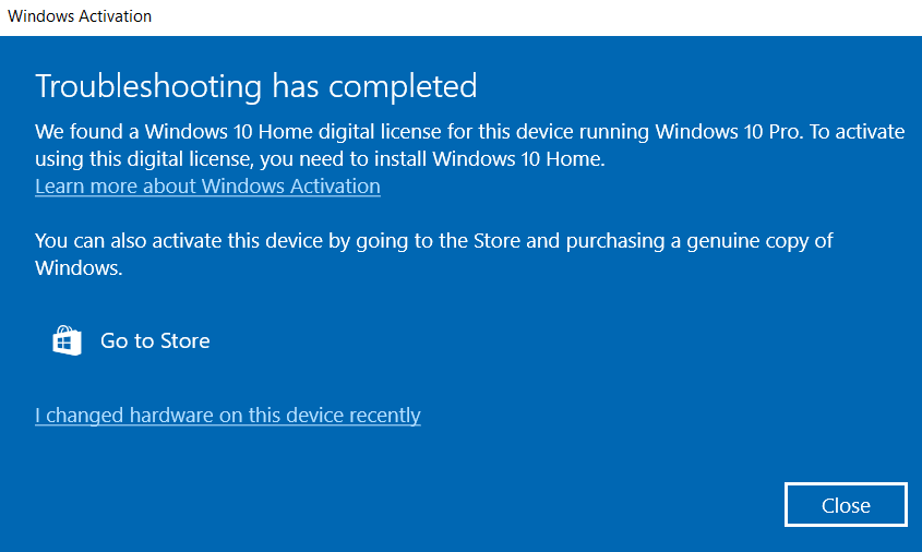 Activation error Windows 10 Pro on a previous Windows 10 Home device ...