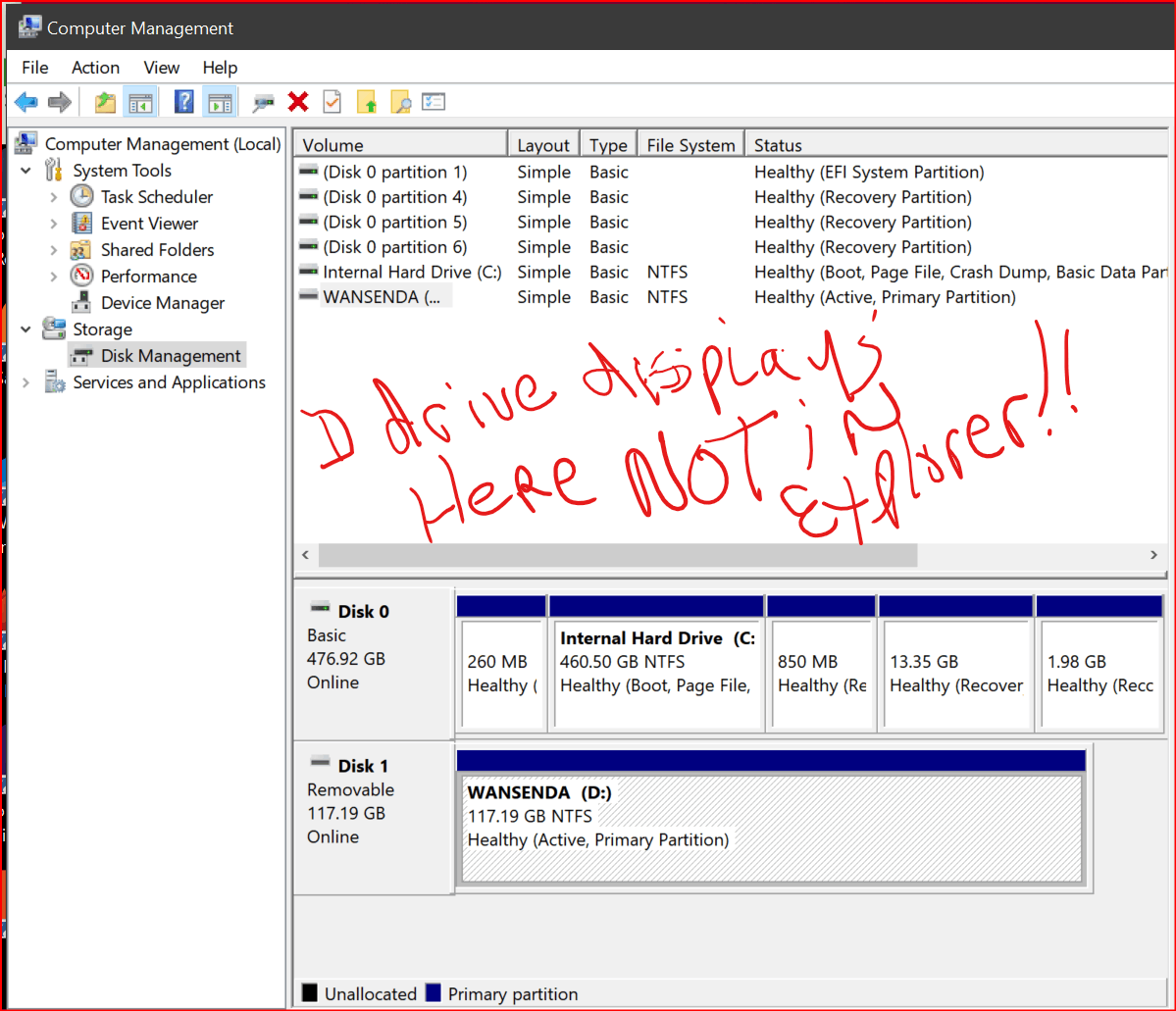 My D drive will not display in Windows-10 File Explorer - Microsoft Q&A