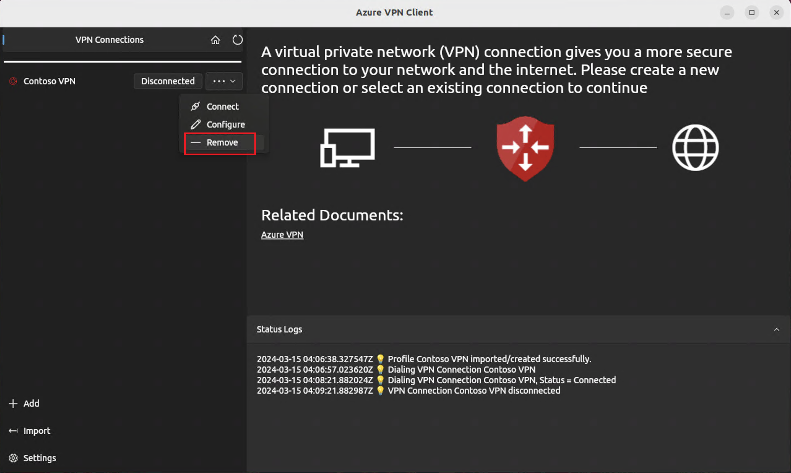 Screenshot of the vpn client with the dropdown showing three options: Connect, Configure, Remove.