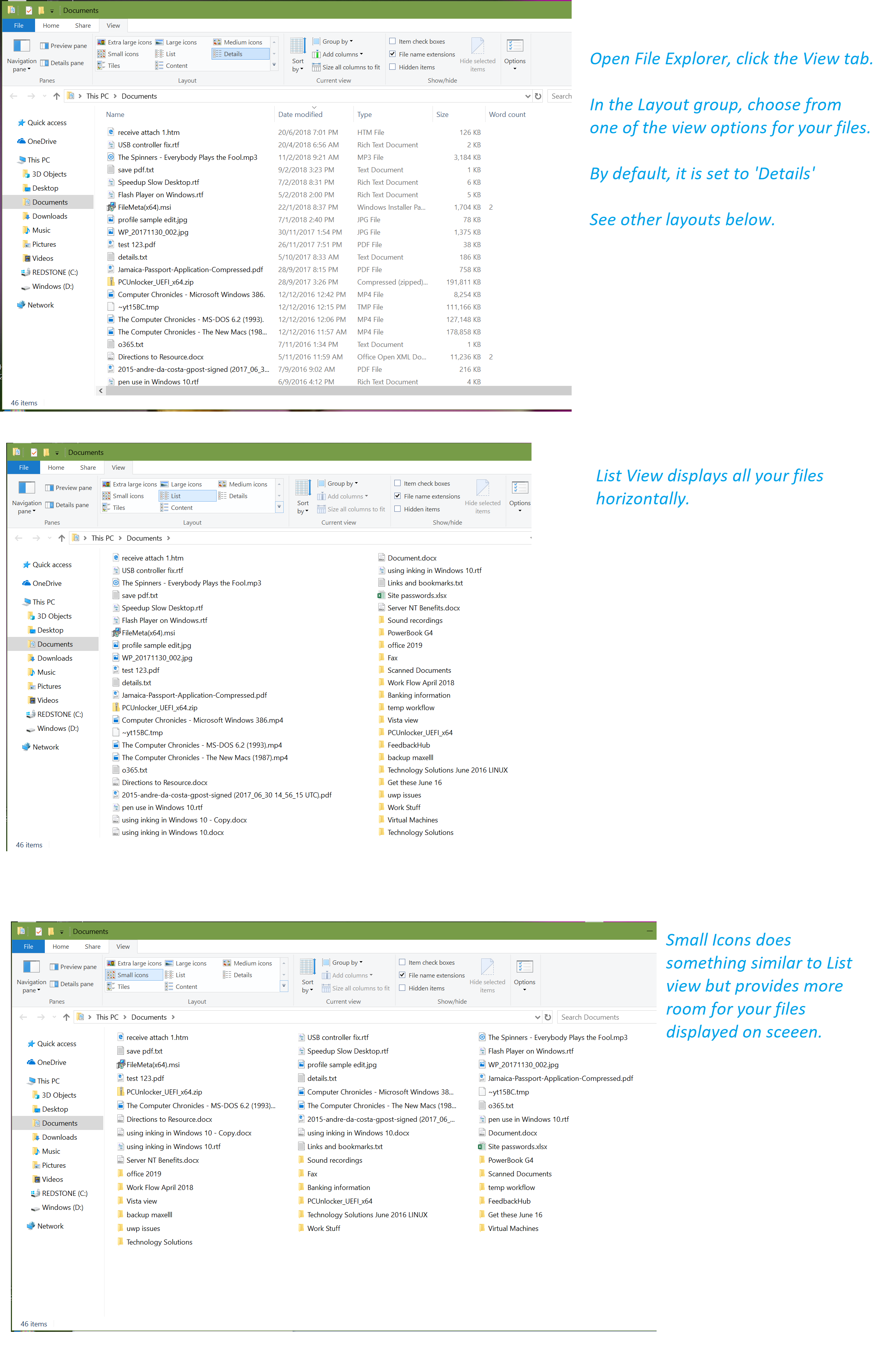 Organise folders in windows 10 file manager down and then across ...
